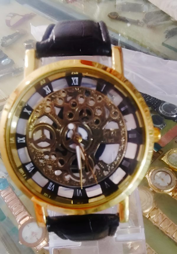 Gold-tone Stainless Dial & Black leather Strap Watch