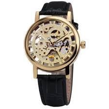 Gold-tone Stainless Dial & Black leather Strap Watch