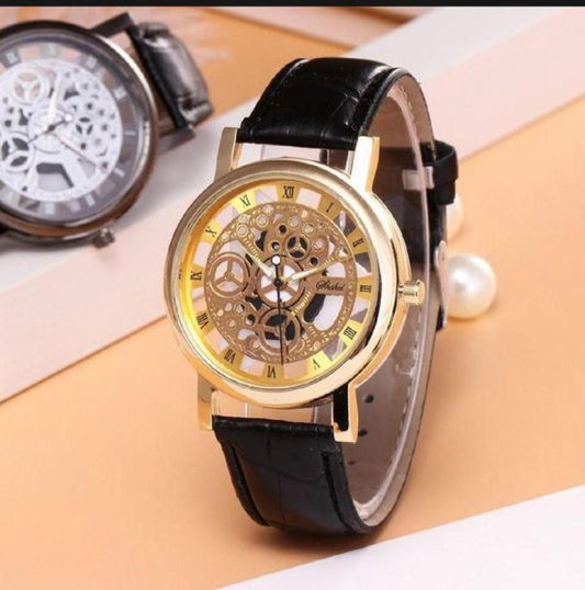 Gold-tone Stainless Dial & Black leather Strap Watch